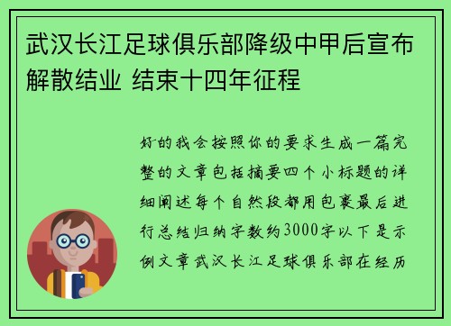 武汉长江足球俱乐部降级中甲后宣布解散结业 结束十四年征程 武汉长江足球俱乐部降级中甲后宣布解散结业 结束十四年征程